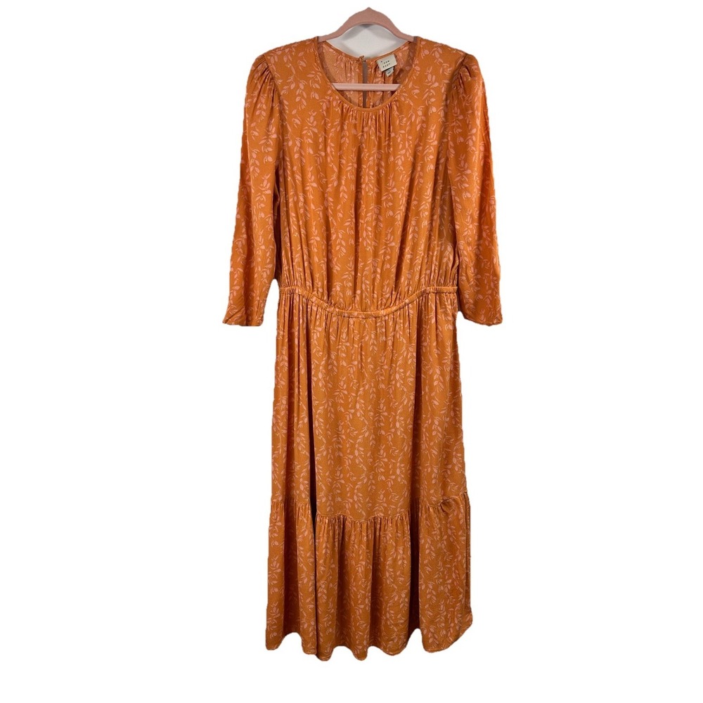 A New Day Rust Floral Midi Dress L Boho Peasant Tiered Prairie Cottage Trad Wife
